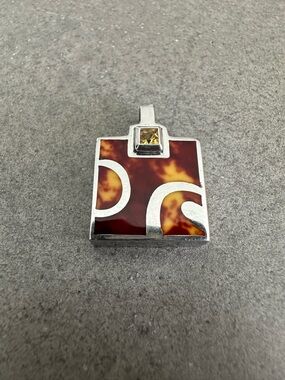 Fronay Stamped Square Tortoiseshell Sterling Silver Pendant with Amber Stone